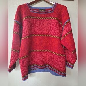 Oleana The Norwegian Story Wool Sweater Red Floral Womens L/XL